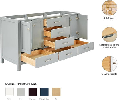 ARIEL Cambridge 66-inch Bathroom Vanity Base Cabinet,Solid Wood, 4 Soft Closing Doors, 6 Dovetail Drawers, Grey