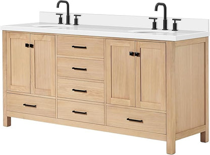ARIEL Cambridge 72-inch Bathroom Vanity with Sink,Solid Wood, 1.5-inch Pure White Quartz Countertop & Backsplash, Double Oval Porcelain Sink, 4 Soft Closing Doors, 6 Dovetail Drawers, White Oak