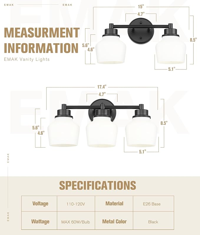Emak 2-Light Vanity Light, Modern Farmhouse Black Bathroom Fixture Over Mirror With Milk Glass Shade, VL122-BK-ML-2