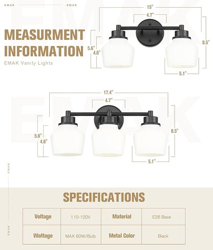 Emak Modern Black Bathroom Lighting Fixtures Over Mirror, Farmhouse 3-Light Vanity Lights with Milk Glass Shade for Bathroom, Mirror, VL122-BK-ML-3