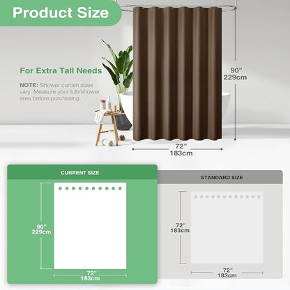 Extra Long Waffle Shower Curtain 256 GSM Fabric 72x90 Brown | 90 Inch Tall, Thick Cloth, Weighted Hem, Water Repellent, Hotel Luxury Polyester Shower Curtain Set for Bathroom 12 Hooks