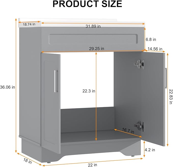 Bathroom Vanity with Ceramic Sink, Bathroom Vanity Cabinet with 2 Doors, 32 Inches Wooden Cabinet with Sink, Grey