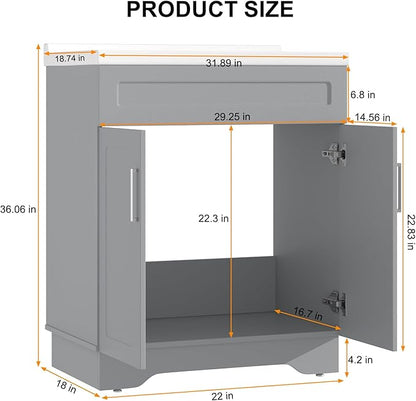Bathroom Vanity with Ceramic Sink, Bathroom Vanity Cabinet with 2 Doors, 32 Inches Wooden Cabinet with Sink, Grey