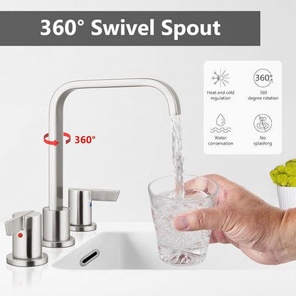 Brushed Nickel Bathroom Faucet 3 Hole 8 Inch Widespread Waterfall | 2-Handle Vanity Faucet, Pop-Up Drain, Supply Lines, Adjustable 4- to 16-Inch Widespread Fit, 360° Swivel Spout