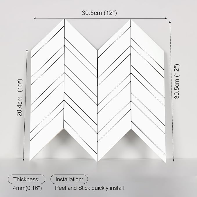 Yipscazo 10-Sheet Herringbone Backsplash Peel and Stick Tile, Polished White PVC Stick on Backsplash for Kitchen, Waterproof Self Adhesive Wall Tile for Bathroom
