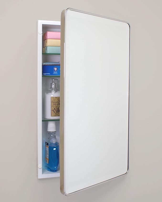 16x26 Austin Farmhouse Metal Framed Rounded Rectangle Recessed Bathroom Medicine Cabinet, Beveled Mirror, 14x24 in-Wall Opening, powder-coated Steel, Adjustable Glass Shelves, Magnet Close, Chrome