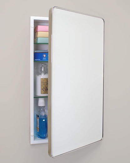 16x26 Austin Farmhouse Metal Framed Rounded Rectangle Recessed Bathroom Medicine Cabinet, Beveled Mirror, 14x24 in-Wall Opening, powder-coated Steel, Adjustable Glass Shelves, Magnet Close, Chrome