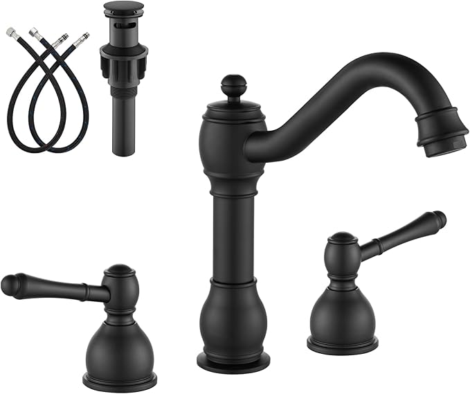 gotonovo 8 Inch Widespread Bathroom Faucets for Sink 3 Hole 2 Lever Handle Deck Mount with Pop Up Drain Hot and Cold Water Supply Lines Matte Black