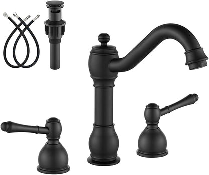 gotonovo 8 Inch Widespread Bathroom Faucets for Sink 3 Hole 2 Lever Handle Deck Mount with Pop Up Drain Hot and Cold Water Supply Lines Matte Black
