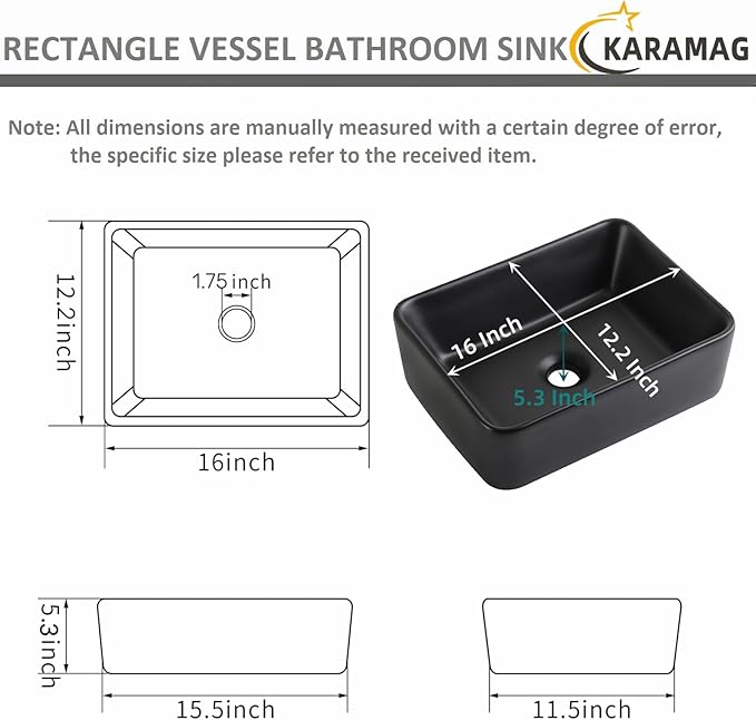 Black Vessel Sink Rectangle 16"x12" Bathroom Sink Rectangular Modern Above Counter 16 Inch Small Bathroom Sinks Matte Black Porcelain Ceramic Vessel Vanity Sink Art Basin