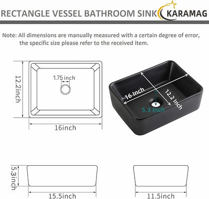 Black Vessel Sink Rectangle 16"x12" Bathroom Sink Rectangular Modern Above Counter 16 Inch Small Bathroom Sinks Matte Black Porcelain Ceramic Vessel Vanity Sink Art Basin