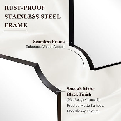 30"x36" Bathroom Vanity Mirror, Matte Black Framed Bathroom Mirror, Scalloped Mirror in Premium Stainless Steel Frame, Aesthetic Scalloped Corner Design, Hangs Vertically or Horizontally