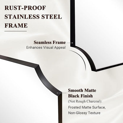 Bathroom Vanity Mirror, 28x36 Inch Matte Black Mirror, Modern Scalloped Mirrors for Bathroom, Unique Wall Mirror with Aesthetic Scalloped Corner Design