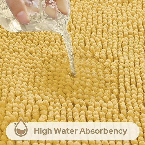 HOMEIDEAS Yellow Chenille Bathroom Rugs Set of 3, Non Slip Bath Mat