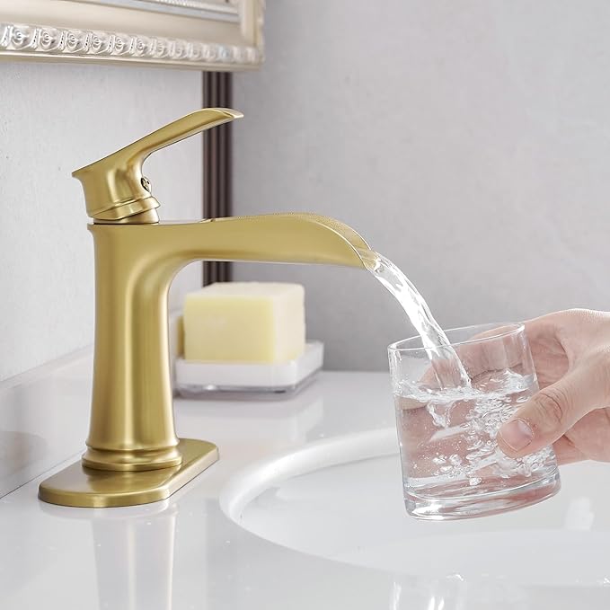 Brushed Gold Single-Handle Waterfall Bathroom Faucet with Pop-Up Drain