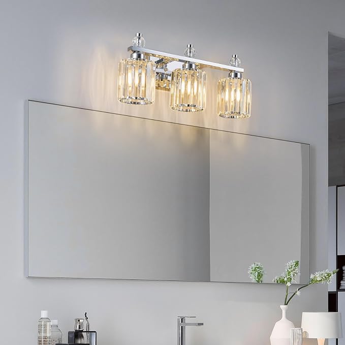 Bathroom Vanity Lights 3-Light Chrome Modern Crystal Vanity Light Fixtures Over Mirror Crystal Bathroom Vanity Lighting Fixtures