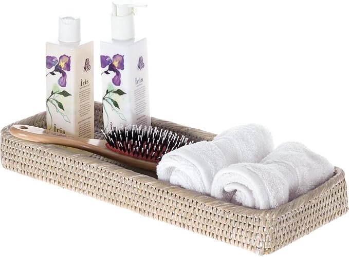 KOUBOO Rattan Vanity Tray Perfume Makeup Bathroom Organizer White Wash | Handwoven natural texture, slim rectangular profile, lightweight design, keeps countertop essentials neatly arranged