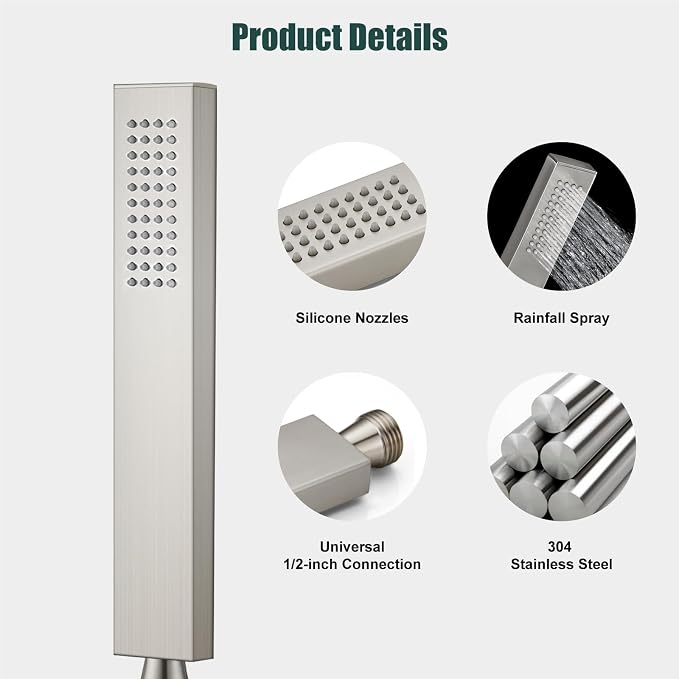 Heyalan Hand-held Shower Head Set-SUS304 Handheld Shower, Brushed Nickel | SUS304 stainless steel wand, straight-style design, single rain spray, 59-inch long hose and standard 1/2-inch connection