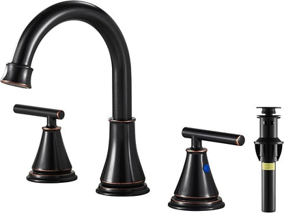 Fransiton Bathroom Sink Faucet 3 Hole, Oil Rubbed Bronze Bathroom Vanity Faucet for Lavatory Sink with Pop-Up Drain, 8 Inch Widespread, 2 Handle Basin