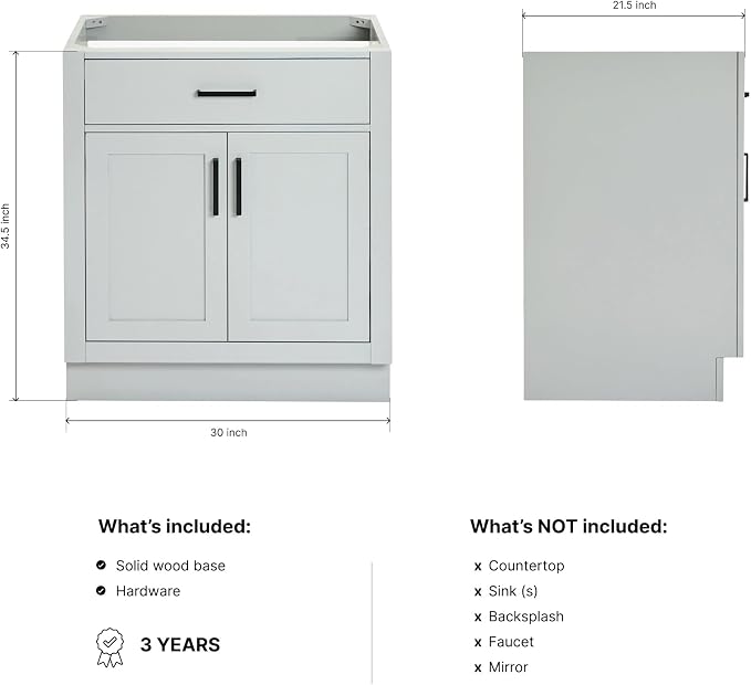 ARIEL Hepburn 30-inch Bathroom Vanity Base Cabinet,Solid Wood, 2 Soft Closing Doors, 1 Dovetail Drawers, Grey