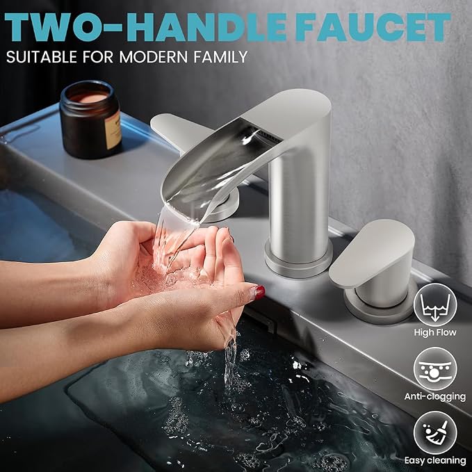Brushed Nickel Bathroom Faucets - Waterfall 8 Inch Widespread Bathroom Sink Faucet, 2 Handles Vanity Faucets 3 Holes for Lavatory Restroom RV Bathtub with Pop Up Drain & Supply Lines
