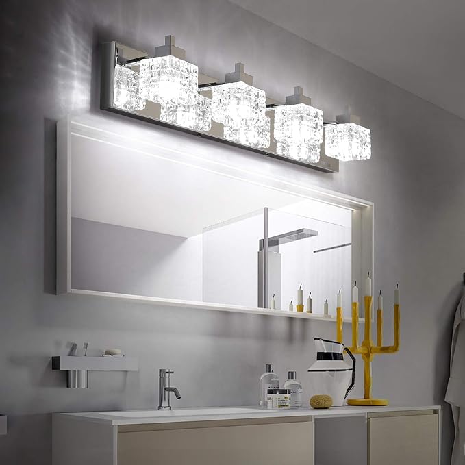 TRLIFE Bathroom Vanity Light Fixtures, 26inches Crystal Vanity Light Fixture Modern Bathroom Lights Over Mirror 4 Lights Vanity Light for Bath Room