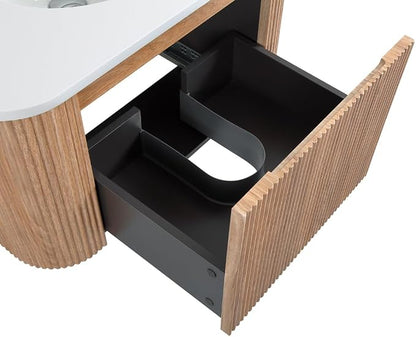 30 Inch Wall Mounted Bathroom Vanity with Ceramic Sink, Pre-Assembled Floating Vanity Cabinet with Marble Countertop, Wave Texture Finish & Drawer, Wood