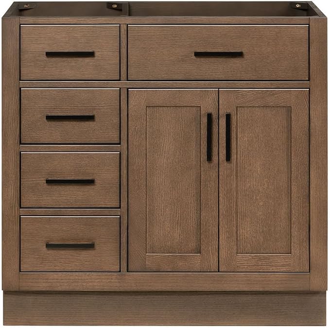 ARIEL Hepburn 36-inch Bathroom Vanity Base Cabinet,Solid Wood, 2 Soft Closing Doors, 5 Dovetail Drawers, Brown Oak