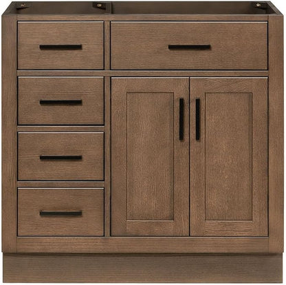 ARIEL Hepburn 36-inch Bathroom Vanity Base Cabinet,Solid Wood, 2 Soft Closing Doors, 5 Dovetail Drawers, Brown Oak