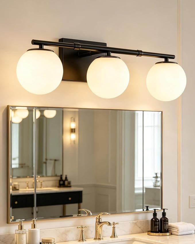 Bathroom Vanity Light Brushed Black 3T Wall Sconce for Mirror | Modern fixture Globe Glass Shade brightness, elivers even brightness. Sturdy metal resists rust. Dresser Bathroom over Mirror