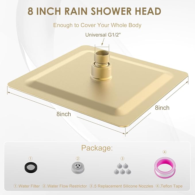 8 Inch Rain Shower Head Brushed Gold - All Metal Stainless Steel 304, Ultra Thin Design, Square Rainfall Showerheads Modern Bathroom - Full Body Coverage Bath Shower