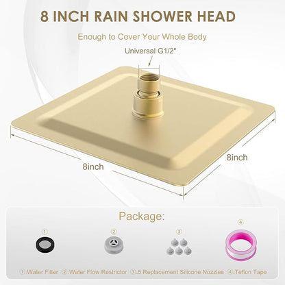 8 Inch Rain Shower Head Brushed Gold - All Metal Stainless Steel 304, Ultra Thin Design, Square Rainfall Showerheads Modern Bathroom - Full Body Coverage Bath Shower