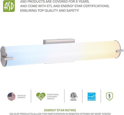 ASD LED 18" Vanity Wall Mount Light Fixture, Linear Bathroom Lighting Bar | 3CCT, Dimmable, Energy Star, ETL Listed | 20W 1500LM 3000-5000K 120V | Long Tube Bath Sconce Over Mirror | Nickel