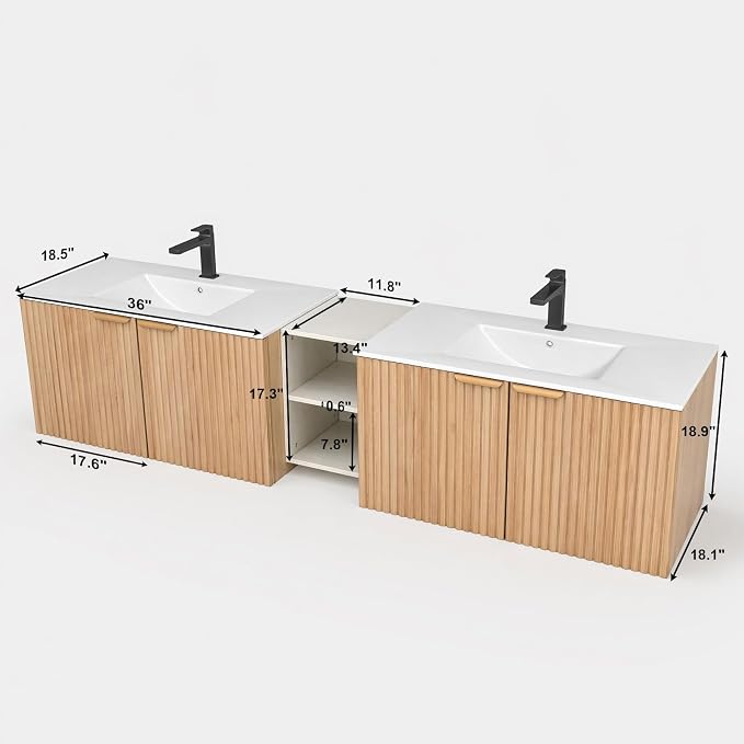 84 Inch Floating Bathroom Vanity with Double Sink, Bathroom Double Sink Cabinet with Soft Close Door Waterproof Storage, Wood Color(wt)