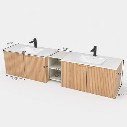 84 Inch Floating Bathroom Vanity with Double Sink, Bathroom Double Sink Cabinet with Soft Close Door Waterproof Storage, Wood Color(wt)