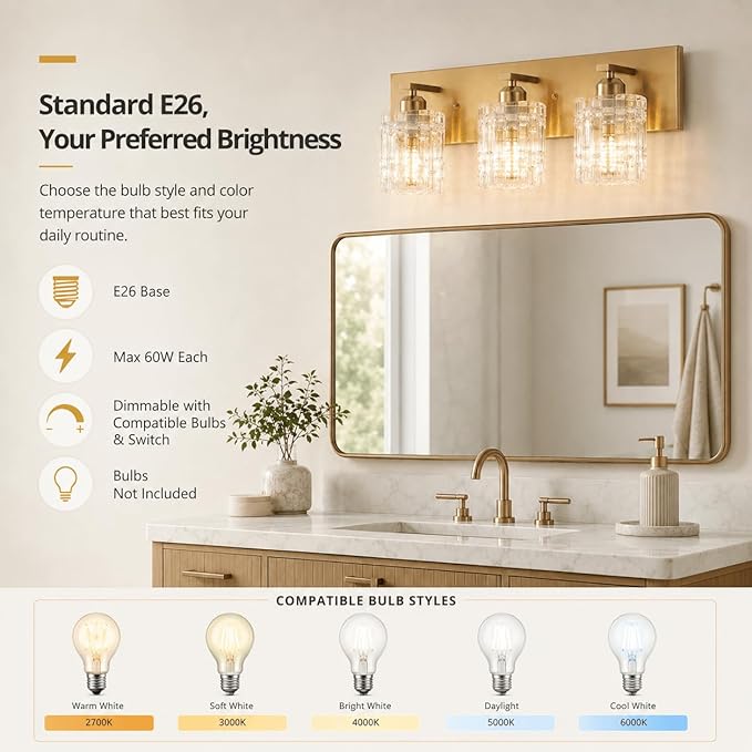 3 Lights Brushed Gold Crystal Bathroom Vanity Light,Modern Bathroom Wall Light,Crystal Over Mirror Light Fixtures for Living Room, Bedroom, Hallway