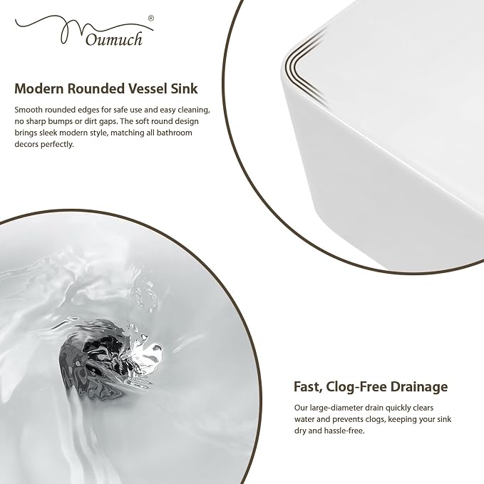 White Rectangle Vessel Sink, 18"W x16"D Bathroom Sink Above Counter Modern Porcelain Ceramic Vessel Sink, Vanity Art Basin for Bathrooms