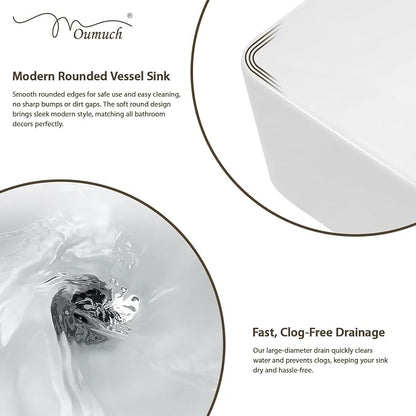 White Rectangle Vessel Sink, 18"W x16"D Bathroom Sink Above Counter Modern Porcelain Ceramic Vessel Sink, Vanity Art Basin for Bathrooms