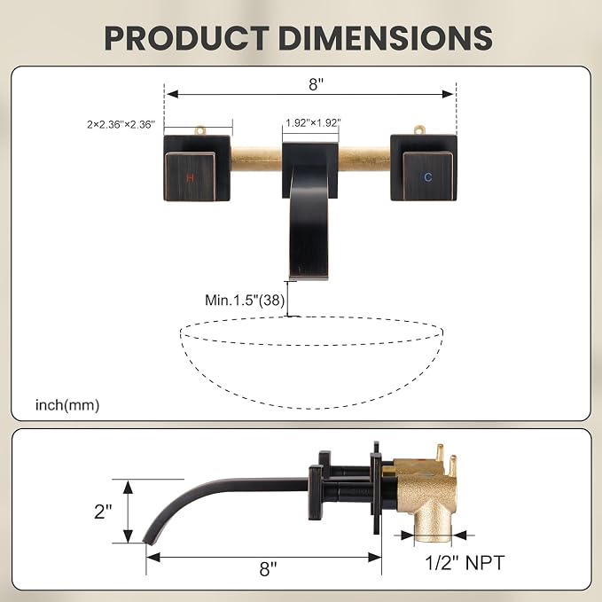 Wall Mount Bathroom Faucet 3 Hole Oil Rubbed Bronze Bathroom Faucet | Waterfall Bathroom Faucet with Two Handles, Brass Bathroom Sink Faucet with Rough-in Valve, Vessel Sink Faucet for Vanity