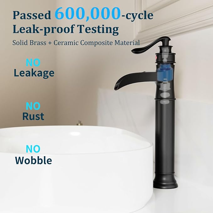 Matte Black Vessel Sink Faucet Tall Brass Waterfall Faucet for Vessel Sink | Bathroom Faucets Farmhouse Single Hole Single Handle Vanity Lavatory Without Overflow Pop Up Drain for Washroom by BATHLAVISH