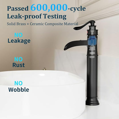 Matte Black Vessel Sink Faucet Tall Brass Waterfall Faucet for Vessel Sink | Bathroom Faucets Farmhouse Single Hole Single Handle Vanity Lavatory Without Overflow Pop Up Drain for Washroom by BATHLAVISH