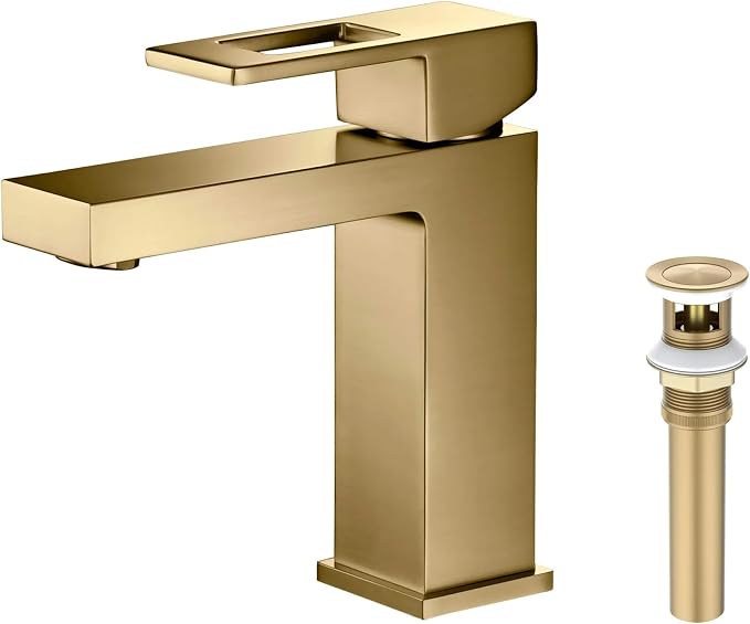 Solid Brass Single Handle Bathroom Sink Faucet with Pop-Up Drain, High Arc Cubic Spout Lavatory Faucet in Brushed Brass, Corrosion-Resistant, Modern Design