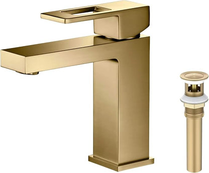 Solid Brass Single Handle Bathroom Sink Faucet with Pop-Up Drain, High Arc Cubic Spout Lavatory Faucet in Brushed Brass, Corrosion-Resistant, Modern Design