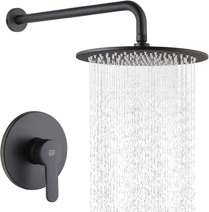 Matte Black Shower Faucet Set 10 Inch Round Rain Shower Head and Handle Set Bathroom Rainfall Shower System Wall Mounted Shower Fixture Single Function Shower Valve Trim Kit