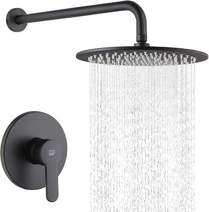 Matte Black Shower Faucet Set 10 Inch Round Rain Shower Head and Handle Set Bathroom Rainfall Shower System Wall Mounted Shower Fixture Single Function Shower Valve Trim Kit