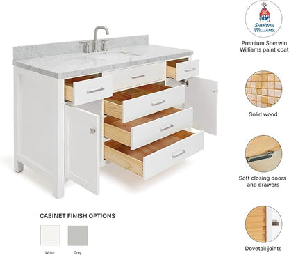 Alenza 60 Inch Bathroom Vanity Single Sink — White Bathroom Vanity with Sink, 1.5" Edge Italian Carrara Marble Countertop & Backsplash, 2 Soft-Close Doors, 5 Dovetail Drawers
