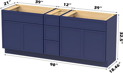 HomeBeyond 90 Inches Bathroom Vanity Base Cabinet Without Sink, Double Sink Top Sturdy Floor Mounted Cabinet with Door & Soft Closing Drawers, Blue, VA4139-2+VA4112-3