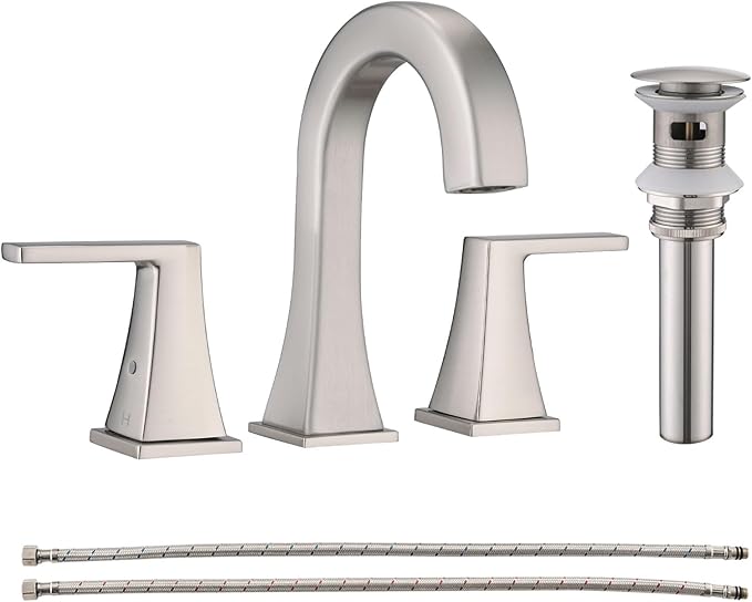 Bathroom Faucets for Sink, 2 Handle Widespread Bathroom Sink Faucet, 3 Hole Modern Stainless Steel Faucet with Pop-up Drain and Water Supply Lines, Brushed Nickel