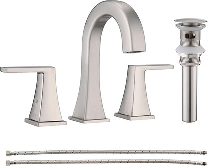 Bathroom Faucets for Sink, 2 Handle Widespread Bathroom Sink Faucet, 3 Hole Modern Stainless Steel Faucet with Pop-up Drain and Water Supply Lines, Brushed Nickel
