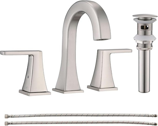 Bathroom Faucets for Sink, 2 Handle Widespread Bathroom Sink Faucet, 3 Hole Modern Stainless Steel Faucet with Pop-up Drain and Water Supply Lines, Brushed Nickel